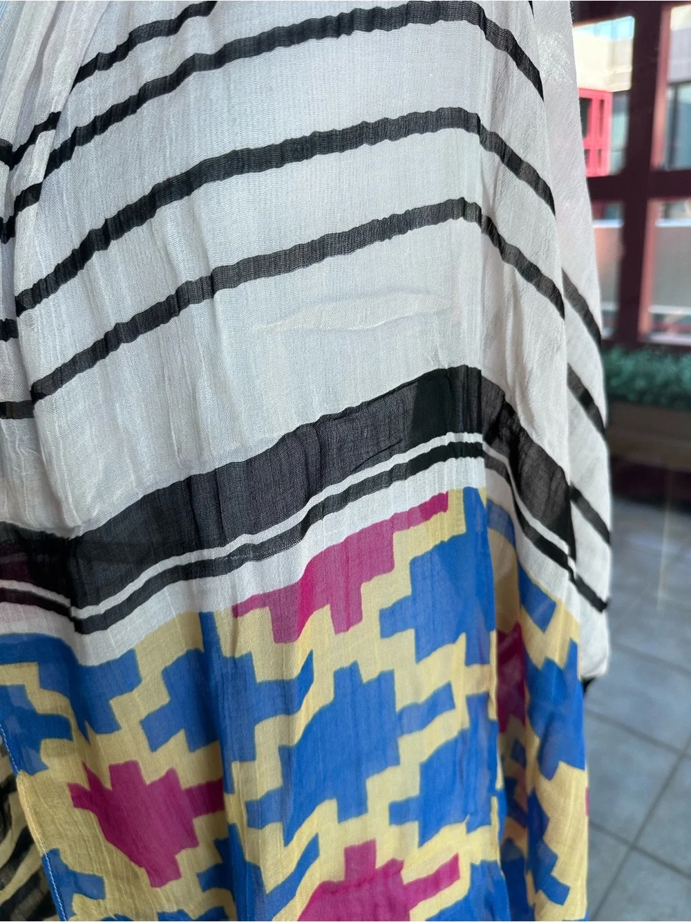 Mi Cream Scarf with Blue, Pink, Black and Tan Pattern